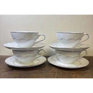 Vtg Stylehouse Largo Fine China Set 4 Teacup & Saucer Set Swirl Pink Gray Scroll